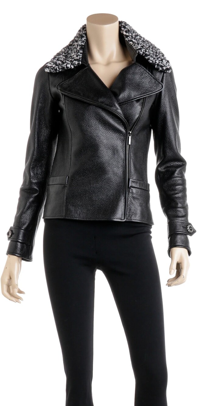 Chanel Black Leather Motorcycle Style Jacket with Boucle Collar Size 36